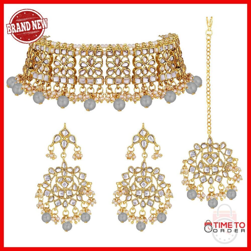 Faux Kundan Choker Necklace Set with Maang Tikka Ethnic Jewelry